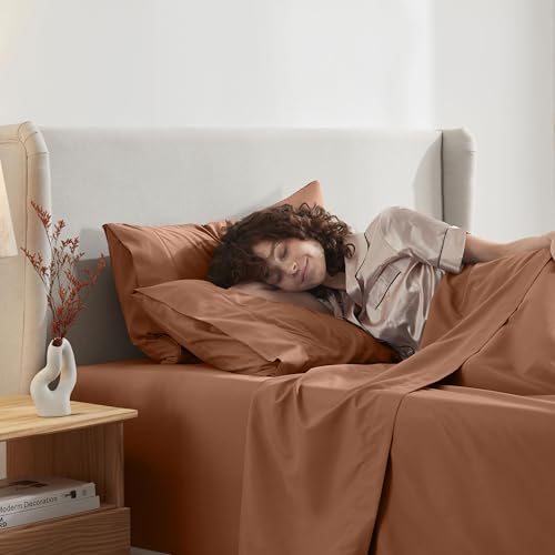 Image of Nestl Short Queen Bed Sheet Set - Rust - 4-Piece Deep Pocket | Instantly Soft, Night-One Ready (No Wash Required). Fits 16-Inch Deep Pockets, 360-Degree Elastic Grip