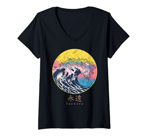 Donna Surfing Vintage Retro Style Surf Summer Sea Japanese Forever Maglietta con Collo a V