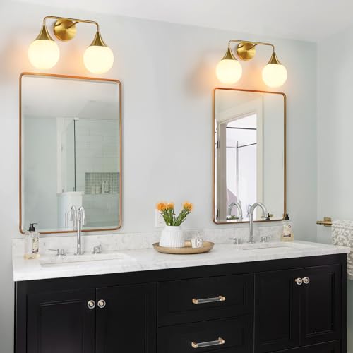 HAHZT Bathroom Vanity Light Fixtures: 2-Light Mid Century Farmhouse Bathroom Lighting Fixtures Over Mirror - Brushed Gold Wall Sconce with Frosted Globe Glass for Hallway Restroom by HAHZT - Used condition - Image 3