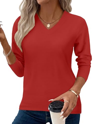 Yutdeng Sweaters for Women UK Long Sleeve V Neck Tops Ladies Cashmere Jumpers Soft Warm Pullover Knitted Sweatshirt Loose Casual Plain Jumpers for Winter Fall Spring,Red,M