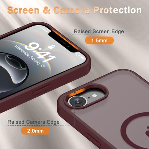 Image of YENAPOON for iPhone 17e Case, iPhone 16e Case, Matte Magnetic Phone Cover [with 1 Screen Protector] [Support for MagSafe] [Shockproof Military Grade Protection] Translucent Frosted Back, Wine Red