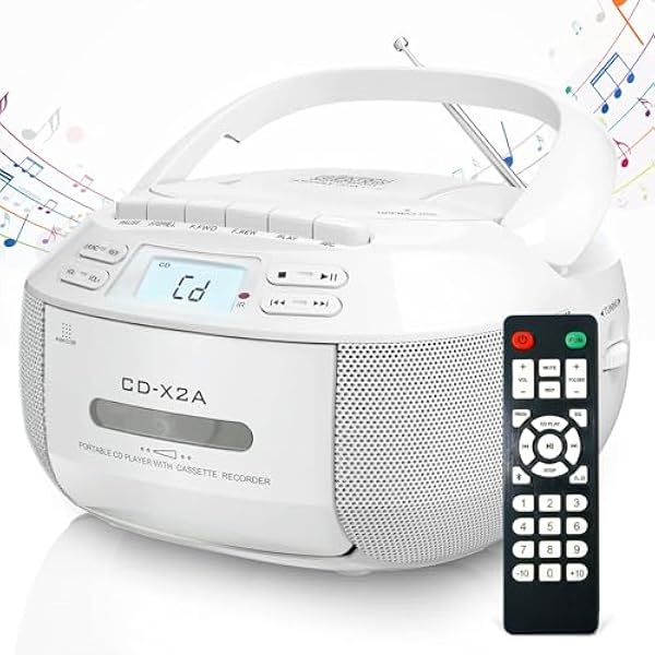 Przenośny odtwarzacz kasetowy CD z Bluetooth, radiem AM/FM, pilotem zdalnego sterowania, dwoma głośnikami do domowej rozrywki