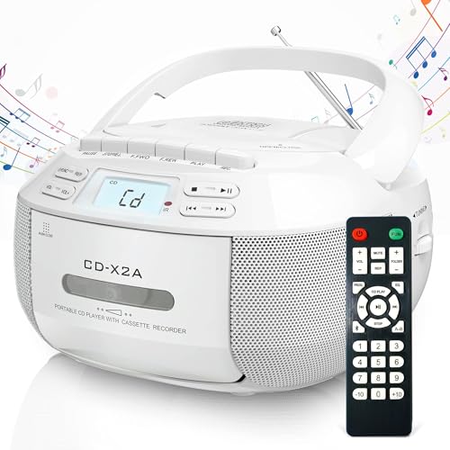 Casete Bluetooth retro y reproductor de CD - Sistema estéreo portátil con radio AM/FM y control remoto (blanco)