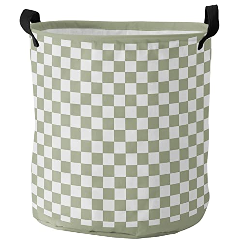 Laundry Basket Hamper with Handles, Sage Green Waterproof Laundry Bin Foldable Clothes Basket for Storage Clothing Modern Minimalism Checkered Plaid 16.5x17 Inch
