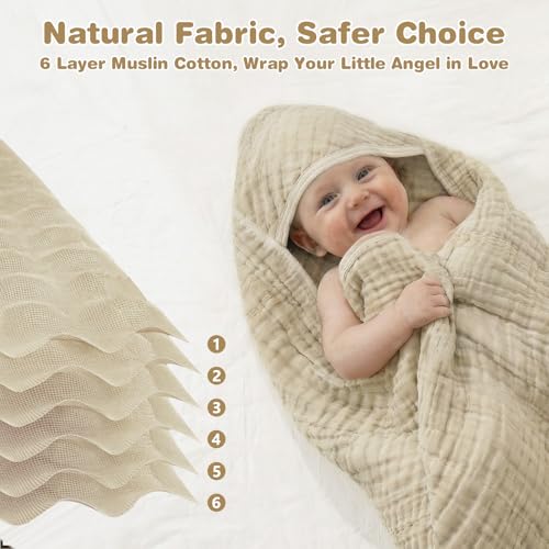 Image of Hooded Baby Bath Towels for Newborn, 2 Pack - 6-Layer 100% Muslin Cotton, Soft Absorbent Baby Towels with Hood for Babies, Infants & Toddlers, Large 32x32 Inch Unisex Newborn Baby Bath Essentials
