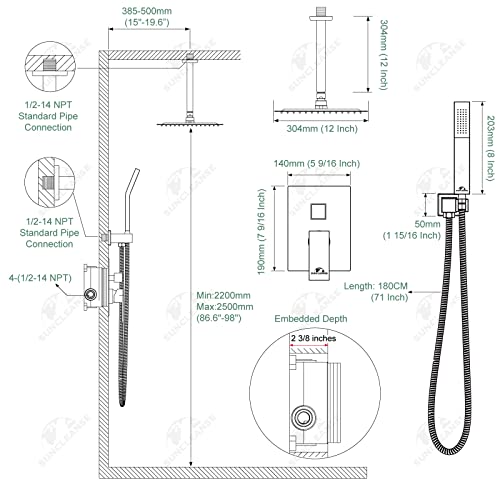 Suncleanse Rainfall Shower System Brushed Gold Ceiling Mounted Shower System Combo Set With High Pressure 12 Inches Square Rain Shower Head Handheld And Shower Faucet Rough-In Mixer Valve And Trim #TOP6