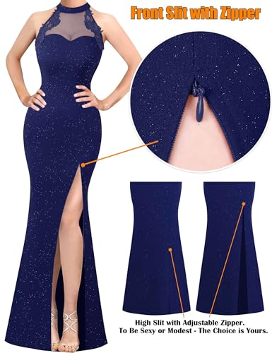 Image of VFSHOW Womens Formal Sexy Halter High Slit Prom Wedding Guest Maxi Dress 2023 Illusion Sweetheart Neckline Evening Long Gown