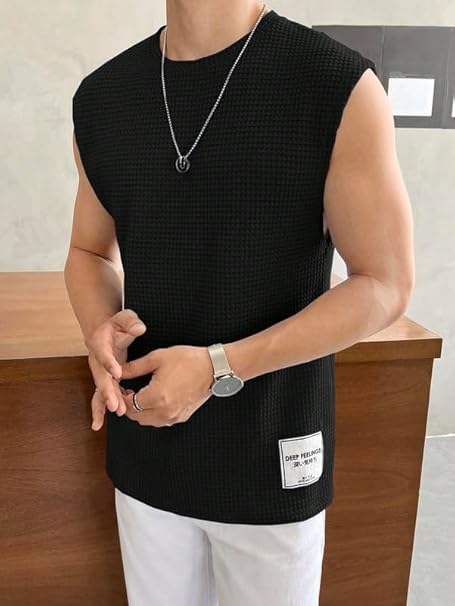 Image of Men's Waffle Sleeveless Tank Top Round Neck Polycotton T-Shirt for Gym, Running and Outdoor