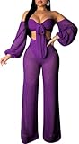 Sexy Two Piece Sets for Women Vacation Purple Elegant Off The Shoulder Long Sleeve Tube Top Long Straight Pants Bikini Cover Ups Swimwear Beach with Bandage(Small)