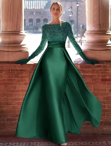 Cadoly Long Sleeve Sparkly Sequin Formal Dresses for Women 2025 Elegant Ball Gown A-Line Satin Evening Gown2