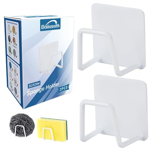 Image of Sponge Holder for Kitchen Sink Caddy, Strong Adhesive Sponge Holder for Sink Counter, Dish Sponge and Brush Holder, Premium SUS304 Stainless Steel Rust Proof Waterproof-White(2 Pack)