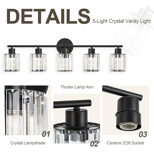 Image of Modern Black Crystal Bathroom Light Fixtures,5-Light | Bathroom Lighting Fixtures over Mirror,Vanity Lights for Mirror, Restroom(Ceramic E26 Socket,Bulbs Not Include)