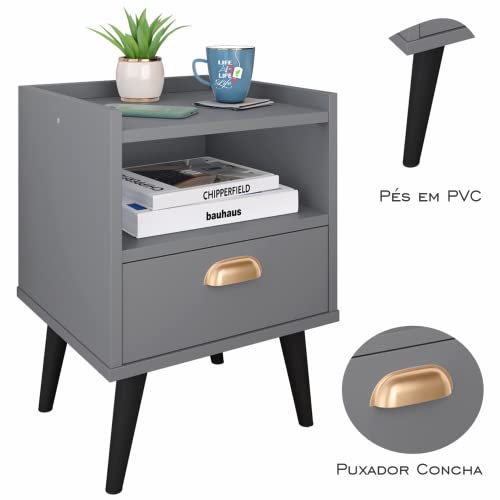 Mesa de Cabeceira Estilo Retrô com 1 Gaveta e Puxador concha Dourado - Cinza