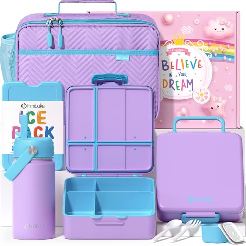 Image of Fimibuke Kids Bento Lunch Box with 4 Compartments, Insulated lunch Bag, Stainless Steel Insulated Water Bottle, Ice Pack & Utensils Set, Birthday Gifts for Ages 3-12 Back to School Toddler Girls Boys
