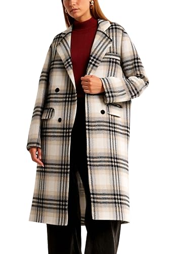 Image of CHARTOU Women Long Wool Plaid Pea Coat Double Breast Midi Long Trench Peacoat Overcoat with Belt (Medium,Khaki)