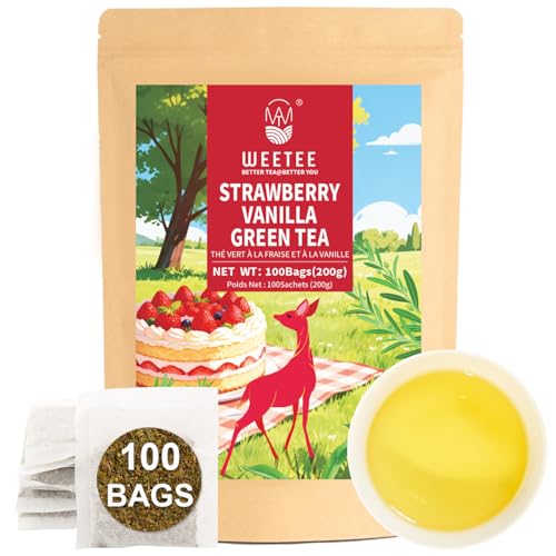WT WEETEE Strawberry Vanilla Green Tea Bags 100ct, Dessert-Inspired Blend