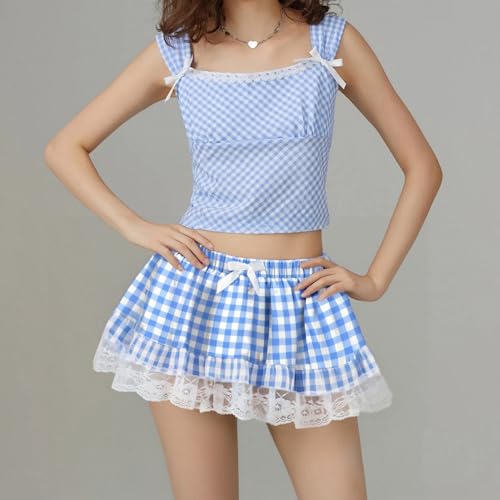 Y2k Womens Gingham Ruffle Mini Skirt Elastic Waist A Line Layered Plaid Short Skirt Tiered Pleated Lace Hem Skirts2