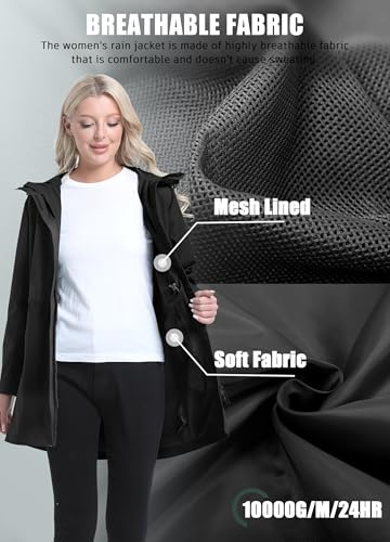 ATLASLAVA Regenmantel Damen Regenjacke wasserdicht Lang mit Kapuze Gefütterte Mantel Windbreaker Leicht Outdoor Jacke Schwarz XL