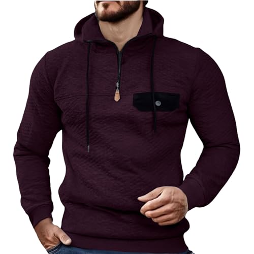 Men's Quilted Hoodies Casual Long Sleeve Quarter-Zip Pullover Sweatshirt with Pockets