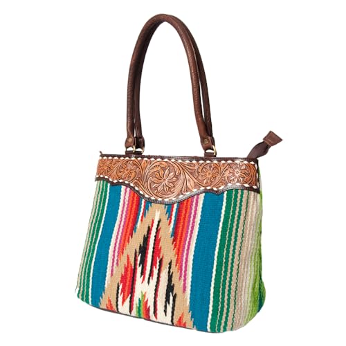 Bolso Tote de Cuero y Manta Tejida Floral Genuine Leather miniatura 1