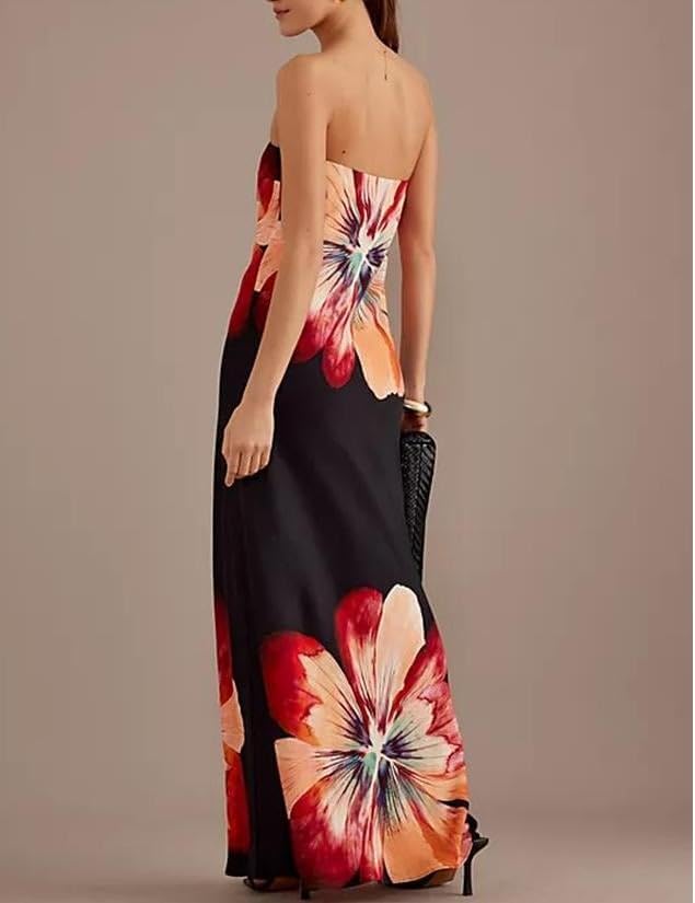 Image of Women Y2k Strapless Maxi Dress Floral Print Tube Long Dress Boho Beach Sundress Going Out Streetwear