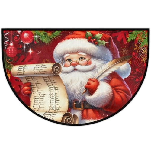 Image of cfpolar Christmas Santa Claus Holly Half Round Door Mat Outdoor Entrance Large 24 inchx36 inch Half Circle Welcome Entrance Way Mat Semi Circular Front Door Mat Area Rug for Garage, Patio, High Traffic Areas