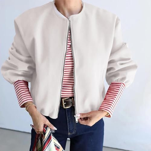 Womens Cropped Bomber Jacket Fall Casual Zip Up Varsity Jackets Trendy Outerwear Coats with Welt Pockets4