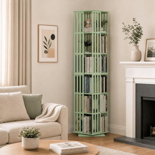Image of Lauxery 6-Tier Bamboo Rotating Bookshelf Tower, Green, 74.8 in | 1200 Lbs Capacity, Freestanding, Small Footprint, 360 Degree Rotation, Dual Shelf Heights, For Living Room, Study Room,Corner