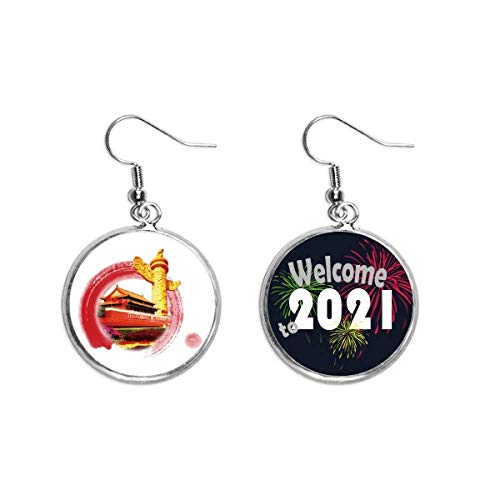 Pendientes redondos con diseño de patriotismo Huabiao Tiananmen plata talla M hipoalergénicos
