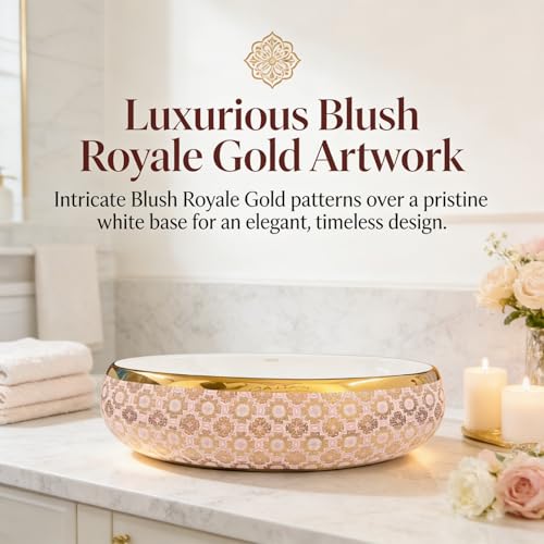 Image of Wallace Luxury Oval Table Top Wash Basin 60x40x15 cm | Blush Royale Gold Pattern Ceramic Countertop Vessel Sink | Premium Vanity Basin for Bathroom, Hotel & Modern Interiors