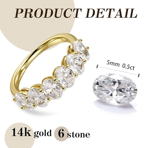 LUCA SMITH 0.5CT CZ Wedding Bands for Women 14K Gold Plated 6-Stone Oval Cut AAAAA Cubic Zirconia Simulated Diamond Stackable Half Eternity Engagement Promise Anniversary Ring for Her Size 6-103