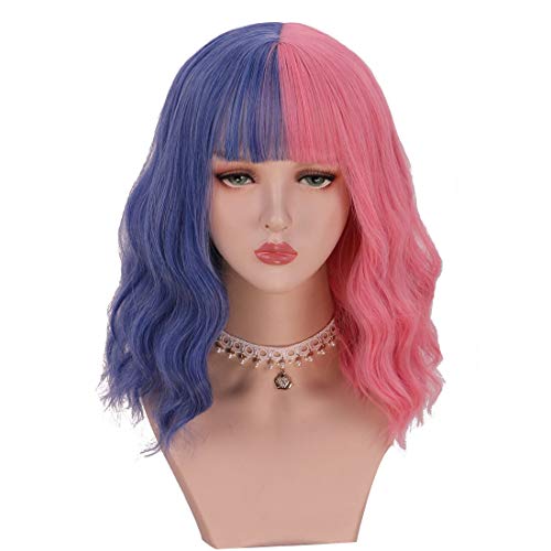 SinRany Half Color Curly Wig with Bangs for Lolita Halloween Party Cosplay (half Pink half Blue)