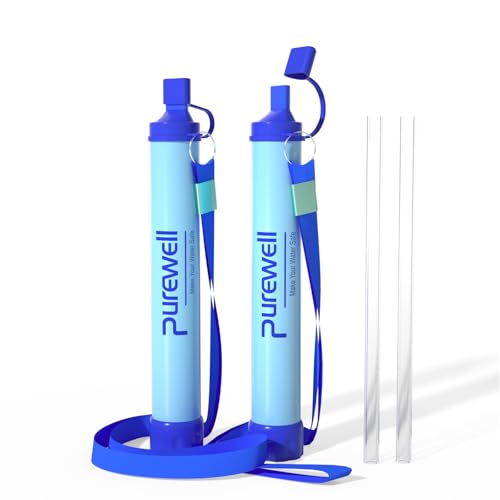Purewell Outdoor Water Filter – 0.01 μm ultra-fine filter removes 99.99% of bacteria & heavy metals | 1500L filter capacity | Portable drinking water filter with neck strap for survival & outdoor