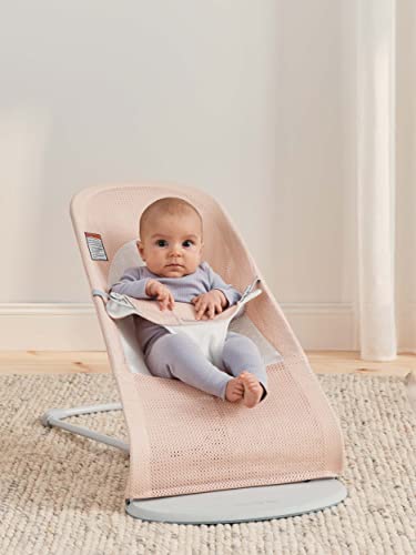 Image of BabyBjorn Bouncer Balance Soft, Light Grey Frame, Mesh, Pearly Pink /White, 2-in-1 Adjustable Baby Bouncer Seat and Toddler Chair, Newborn to Toddler (8-29 lbs), 4 Positions, Lightweight & Portable