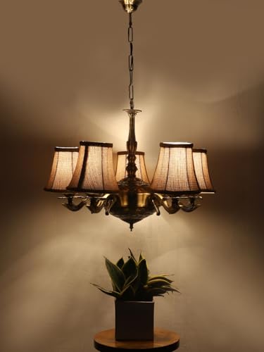 Image of Devansh 05 Lights Beige Round Shade with Antique Golden Chandelier -K