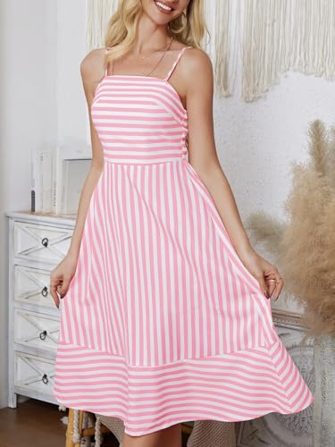 Image of Striped Sleeveless Midi Summer Dress for Women Spaghetti Strap Backless Smocked Swing Beach Dresses Rose Red