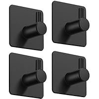 Aikzik Self Adhesive Hooks, 4 Stick on Hooks Stainless Steel for Heavy Duty, Waterproof, Strong Sticky for Hanging Towels and Coats in Bathroom, Tea Towel Holder for Door or on Wall – Black