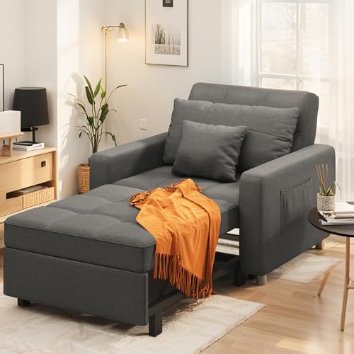 YODOLLA 3-in-1 Sleeper Chair Bed, Convertible Single Sofa for Small Room, Adjustable Armchair With Side Pocket, Charcoal