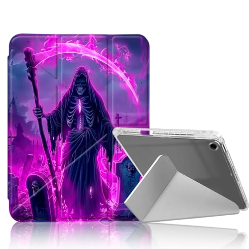 DISUOFEART for iPad 9th/ 8th/ 7th Generation Case 10.2 Inch, Skeleton Scythe Tombstones Slim Stylish Clear Protective Cover with Pencil Holder, Multi-Angle Folding Y-Shaped Stand & Auto Sleep/Wake