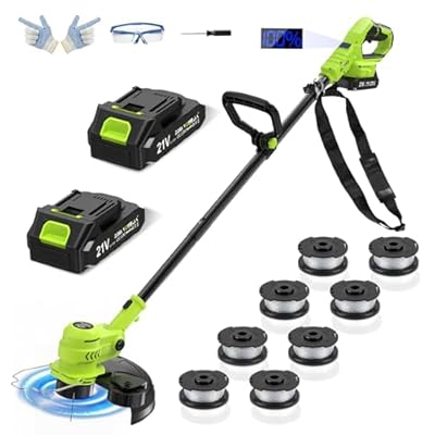 VOERJIA 21V Cordless Weed Eater & String Trimmer, Lightweight 2-in-1 Electric Weed Wacker, Wheeled Edger with 2X 2.0Ah Batteries & Charger, 12-inch Auto Line Feed, 90° Adjustable Head & 8 Spools