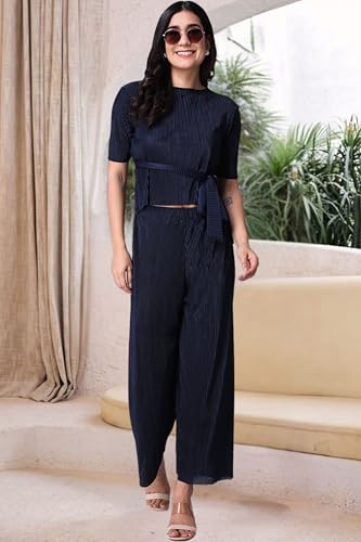 Image of POPWINGS Casual Solid Wrinkle Co-ord Set for Women Stylish Western Co-Ord Set for Women | Co-ord Set for Summer | Top and Palazzo Set for Women