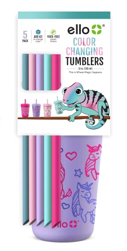 Ello Kids Plastic Reusable Color Changing Cups With Twist On Splash-Proof Lids And Straw, Bpa Free, Dishwasher Safe, 12Oz, Fruit Pop, 5 Pack #TOP3
