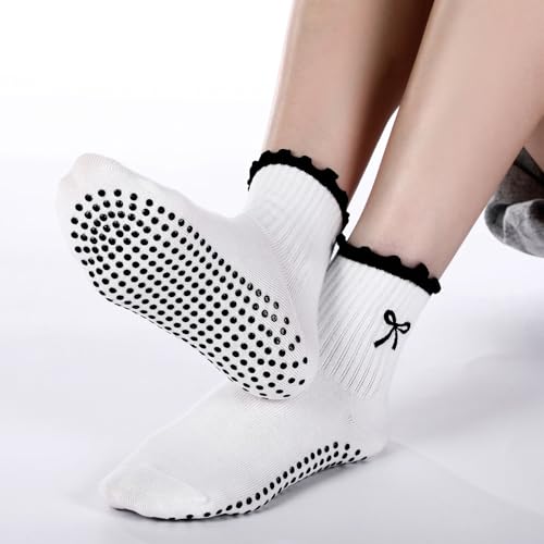 Image of Jeyiour Summer Cute Pilates Socks Women Bow Nonslip Ruffle Yoga Socks with Grip Barre Pilates Gift for Work Dance Fitness