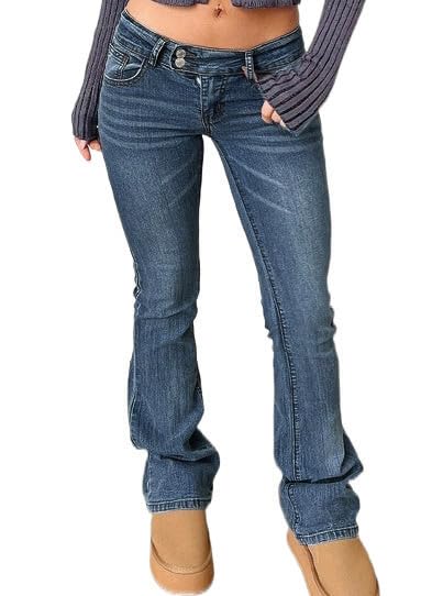 Image of Women's Stretch Low Rise Double Button Elastic Skinny Vintage Flare Jeans