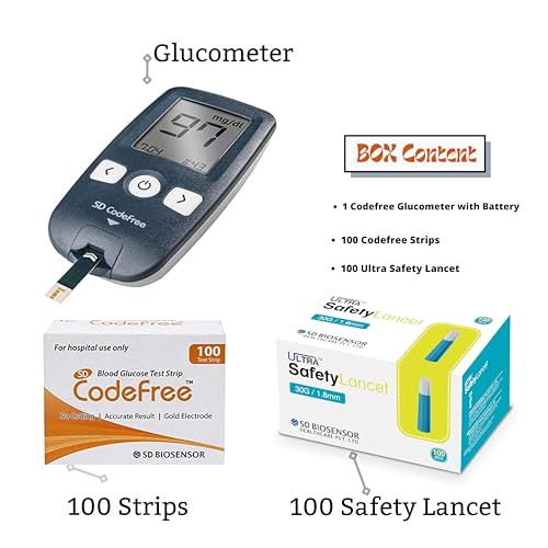 Image of SD Codefree Blood Sugar Monitor - Complete Diabetes Testing Kit with Glucose Monitor, 100 Test Strips, 100 Ultra Biosensor Safety Lancets & Case - Code-Free Blood Glucose Monitors for Accurate Diabetic Monitoring
