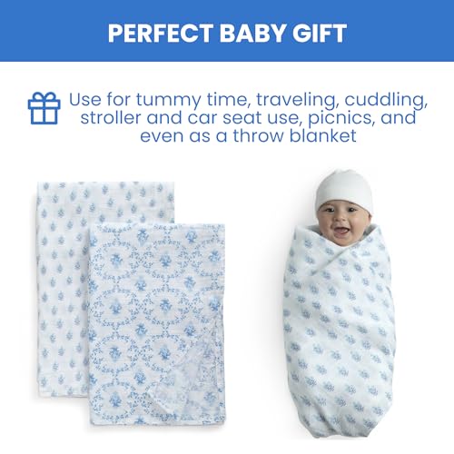 Image of Delta Children 100% Cotton Muslin Baby Receiving Blankets for Girls and Boys - 47x47 Inches (Pack of 2), Blue Botanicals