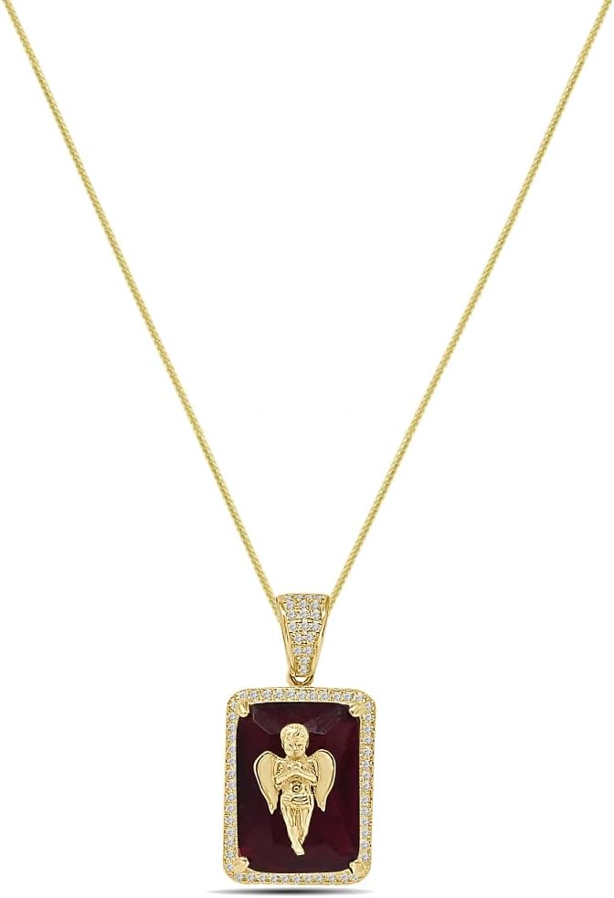 Emerald Cut Ruby Red VVS1/D 1.50 Ctw. Real Sterling Silver 14K Gold Finish Holy Praying Hands Angel Religious Dog Tag Frame Charm Pendant Free Chain Neckless Small 1.25 Inch.