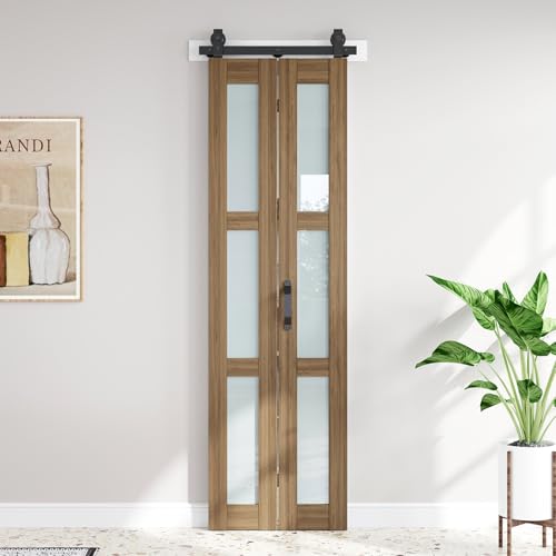 Image of FREDBECK Bifold Barn Door Glass 24X84 (Double 12x84), Brown, for Bathroom