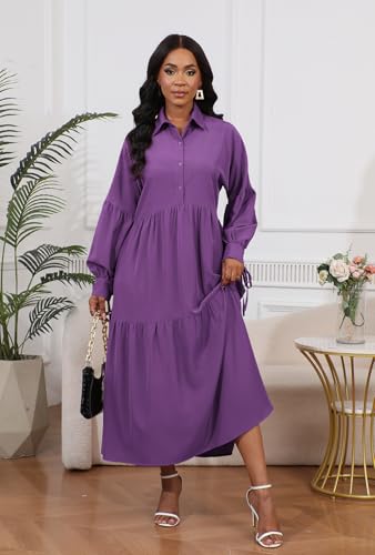 Image of Women's Long Sleeve Maxi Shirt Dress Elegant Button Down Loose Swing Party Dress