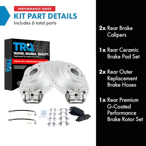 Image of TRQ Performance Rear Brake Pad and Rotor Set Ceramic Drilled Slotted Coated Calipers Compatible with 2003-2006 Subaru Baja 2000-2004 Legacy Outback